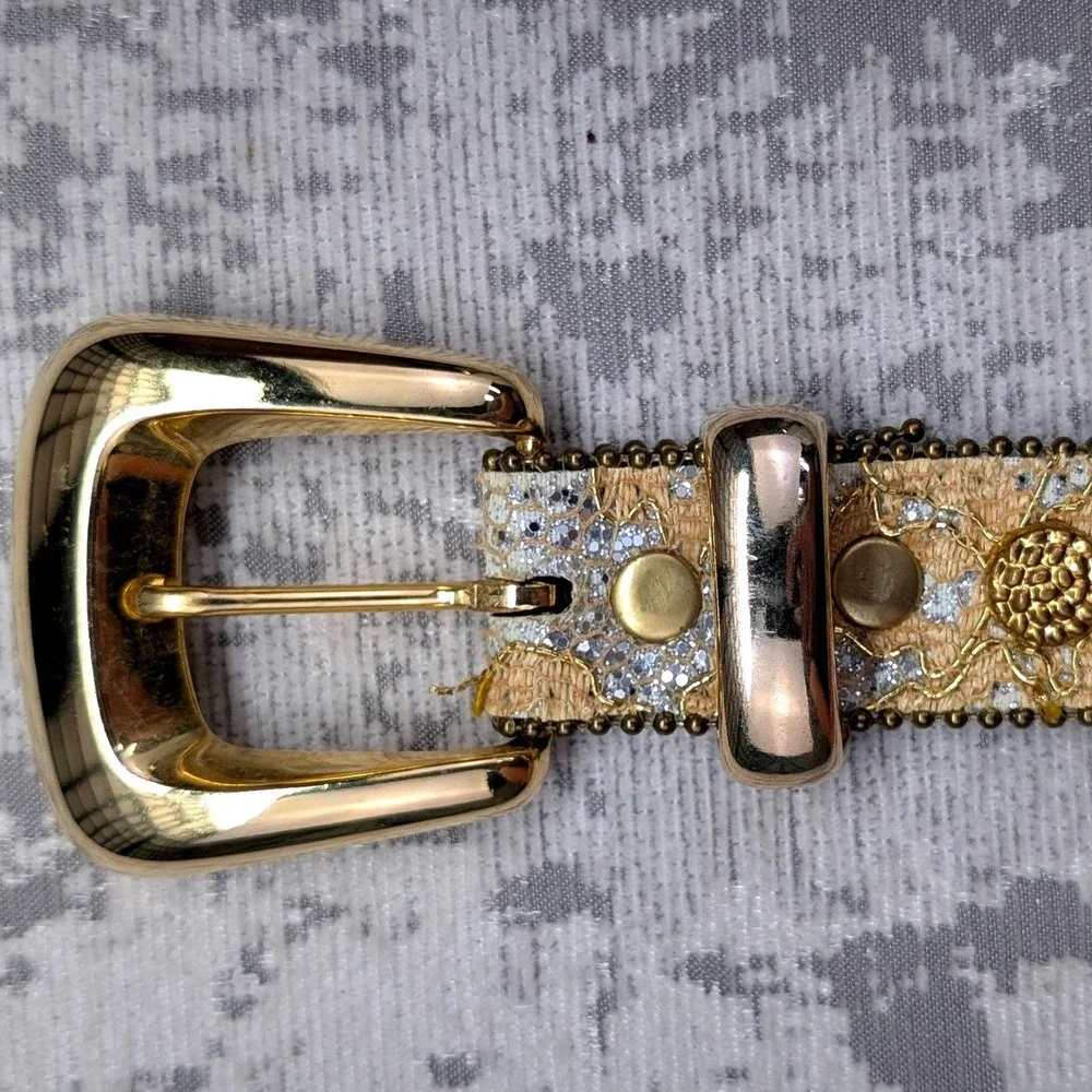 Vintage Gold Lace Silver Glitter Studded Western Boho Belt Gold Buckle 32.5in